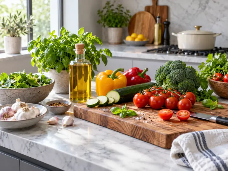 Verse ingrediënten en natuurlijke lifestyle-elementen in een moderne keuken